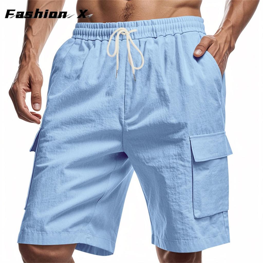 Men's Linen Solid Color Lace-up Sweatpants Men's Shorts Casual Pants