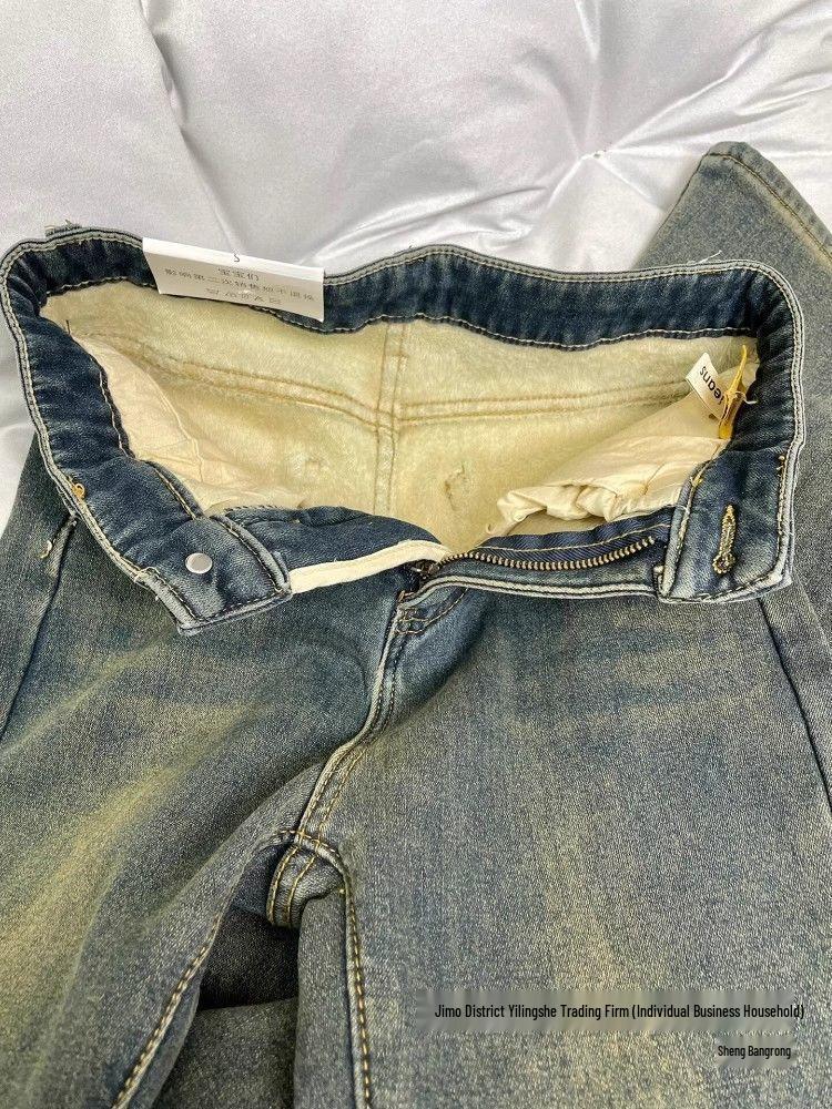 Women's Winter Retro Blue Fleece-Lined High-Waist Straight Leg Jeans - Plus Size, Hip-Covering Versatile Design