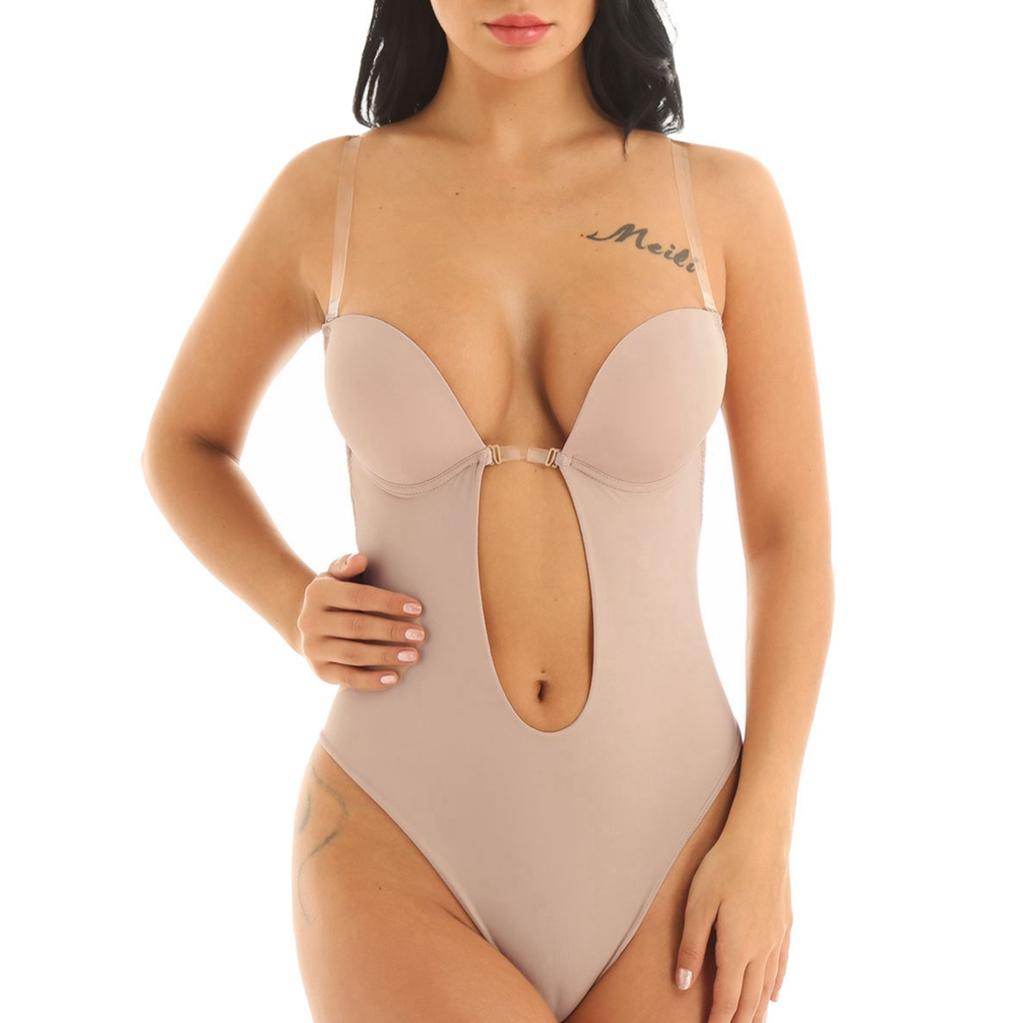 Woman Deep V Bodysuit Clear Strap Backless Plunge Thong Push Up Padded Bra Body Shaper Suit