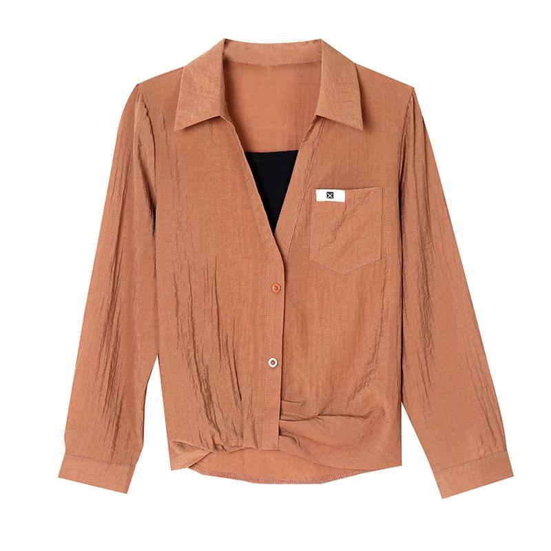 Fake Two-piece Kink Long-sleeved Shirt Women's Spring New Fashion Foreign Style Age-reducing Shirt High-end Temperament Top Trend