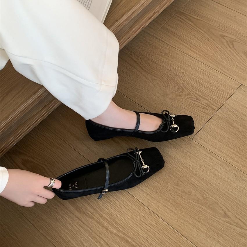 Bow flat-soled ballet shoes women's soft-soled autumn 2025 new four-season shoes square head light mouth single shoes