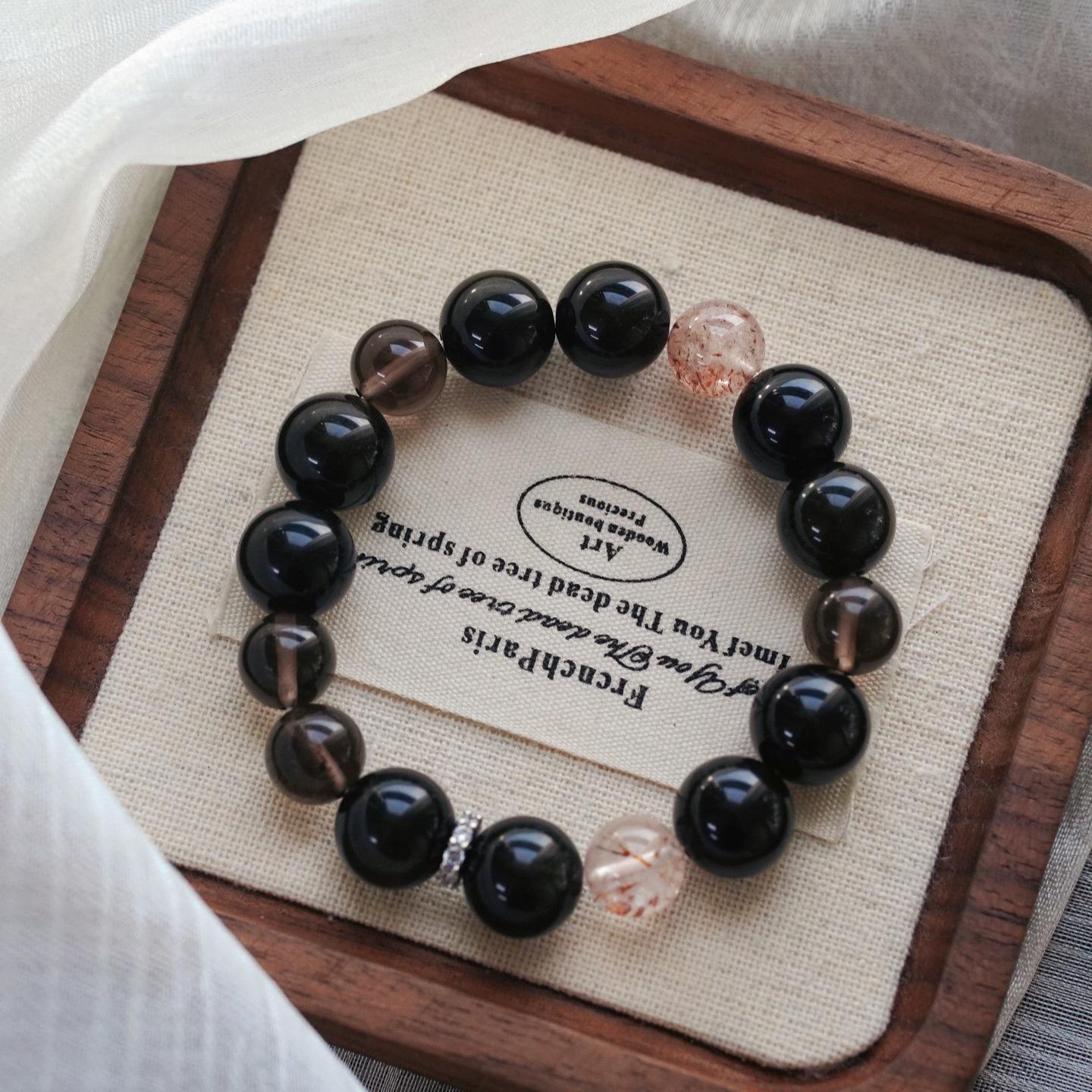 10-12Mm Haute Couture Natural Black Gold Super Obsidian Ice Obsidian Design Bracelet Bracelet