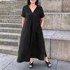2024 Spring/Summer European American Cotton Linen V-Neck Short Sleeve Pocket Dress