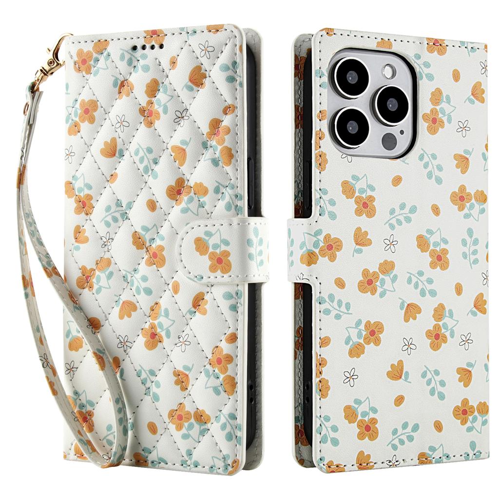 For iPhone 16 Pro Max Wallet Case Rhombic Floral Design Leather Flip Phone Cover with Strap