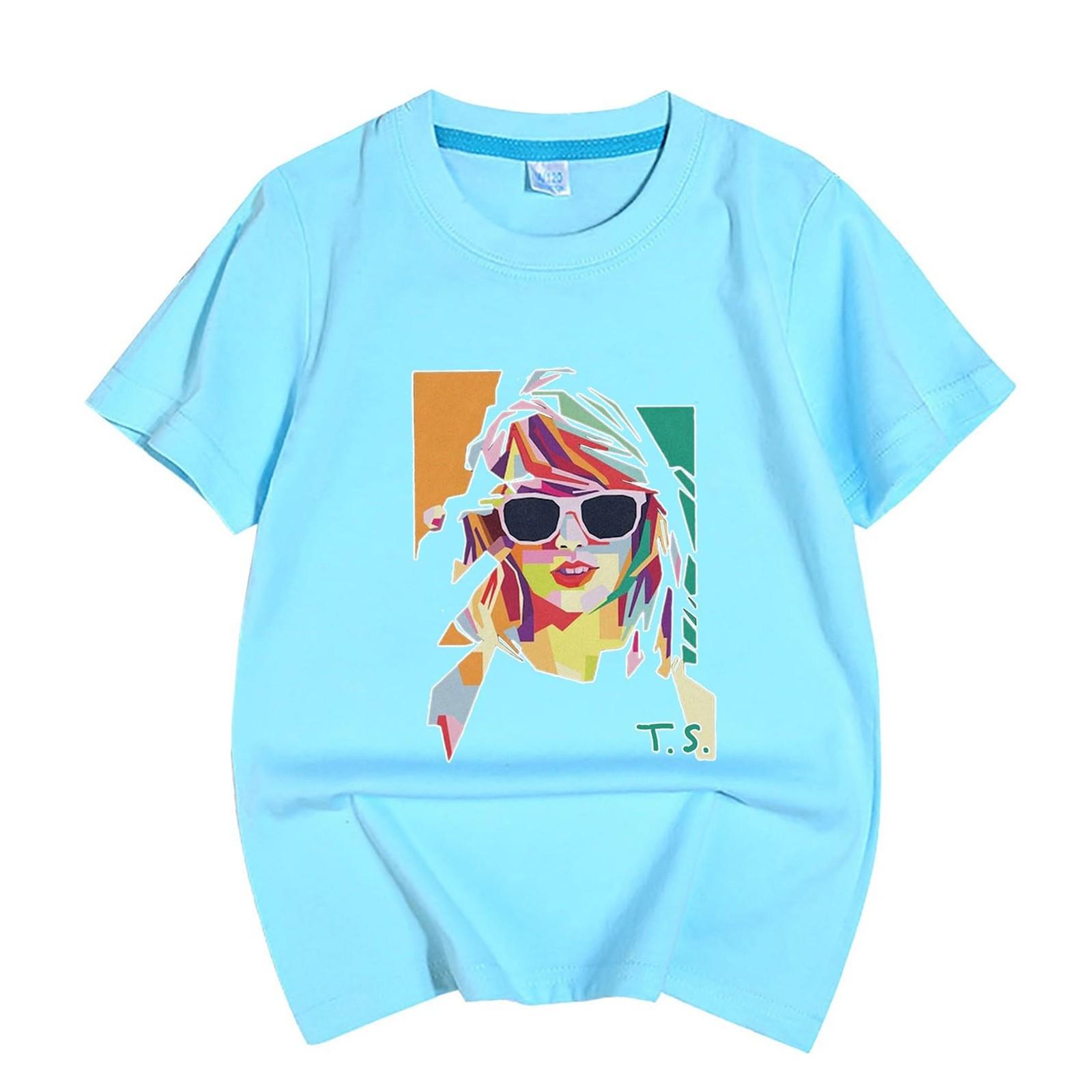 

Детские топы, свободные футболки с короткими рукавами и круглым вырезом с принтом для мальчиков и девочек, топы 140 небесно-голубой