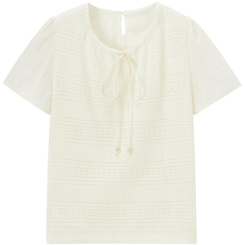 Aijutu Women s Lyocell Lace Patchwork Short-Sleeve Blouse M