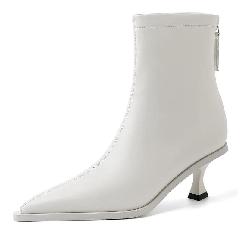 Fashion New Pointed 5.5cm Slim Heel Cowhide Back Zipper Short Boots European American Slimming Ladies' Temperament Ankle Boot Sizes34-43