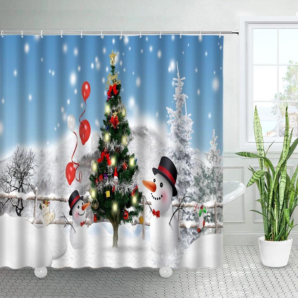 Funny Cartoon Santa Claus Snowman Christmas Shower Curtains Set Winter White Cedar Snowflake Holiday Decor Xmas Bathroom Curtain