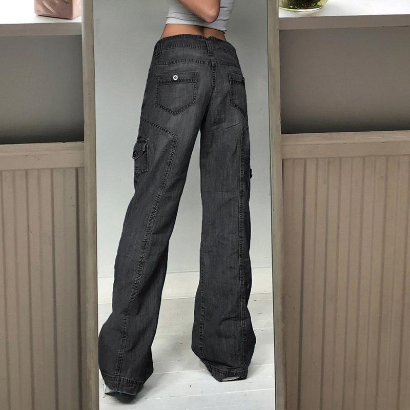 Tasche Jeans larghi impunturate Moda Streetwear Pantaloni in denim da donna Pantaloni cargo larghi Jeans coreani Pantaloni dritti Harajuku