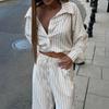 Spring, Fashion Striped Long-sleeved Shirt Set, Europe and America, Women's Cardigan Two-piece Set