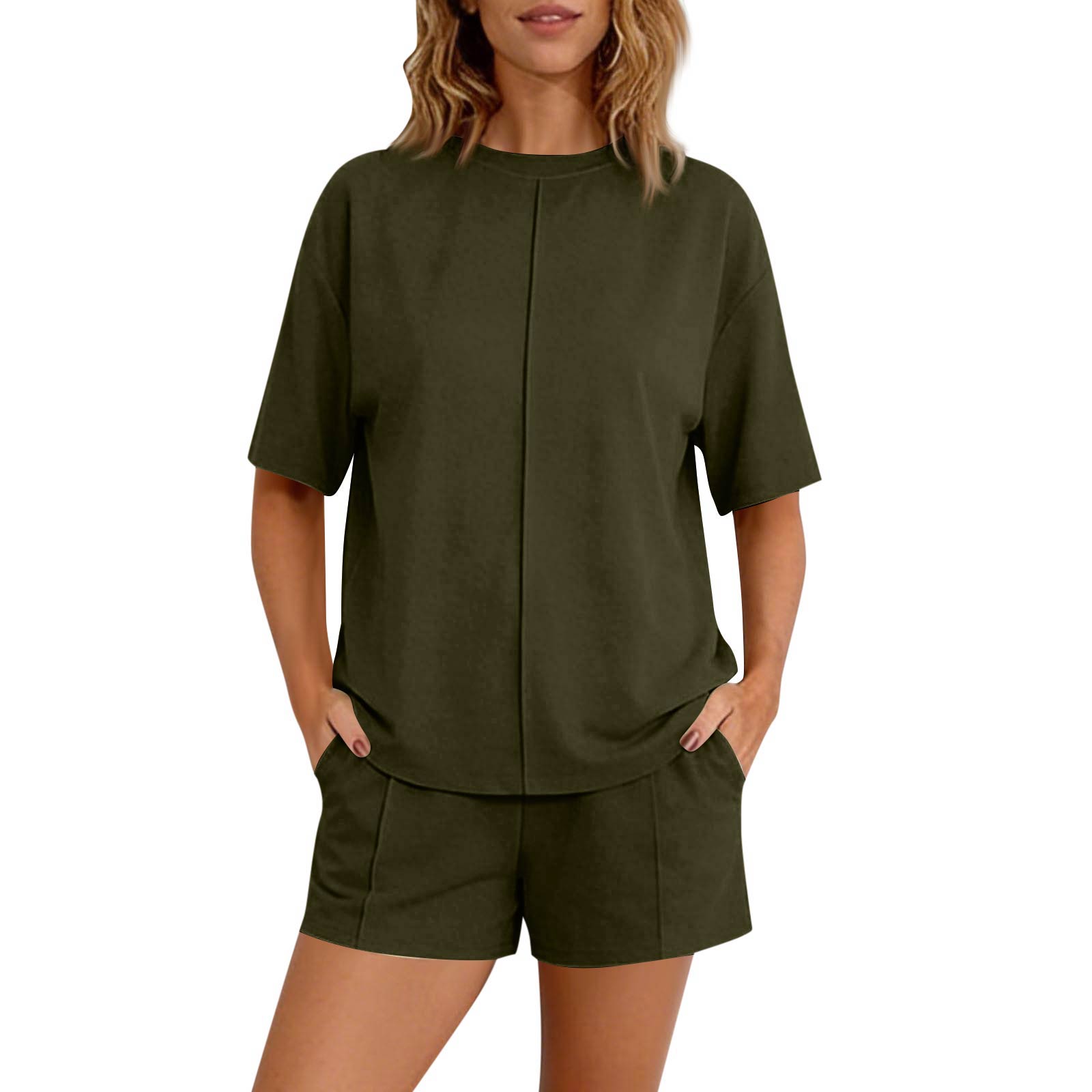 

Women s 2-Piece Fashionable Casual Loose-Fit Short-Sleeve Top And Shorts Set L армия зеленый