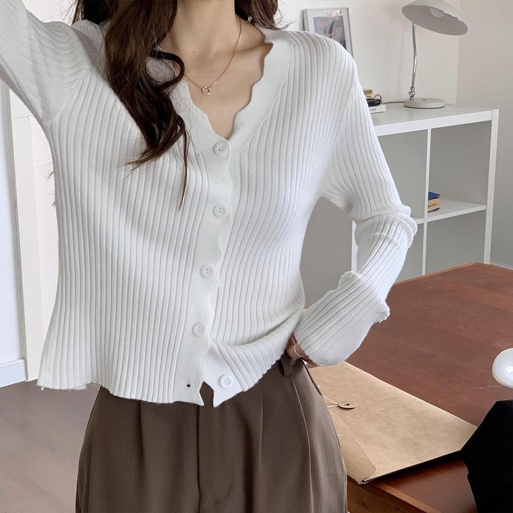Autumn Korean V-Neck Slim Fit Core-Spun Yarn Cardigan Sweater for Women