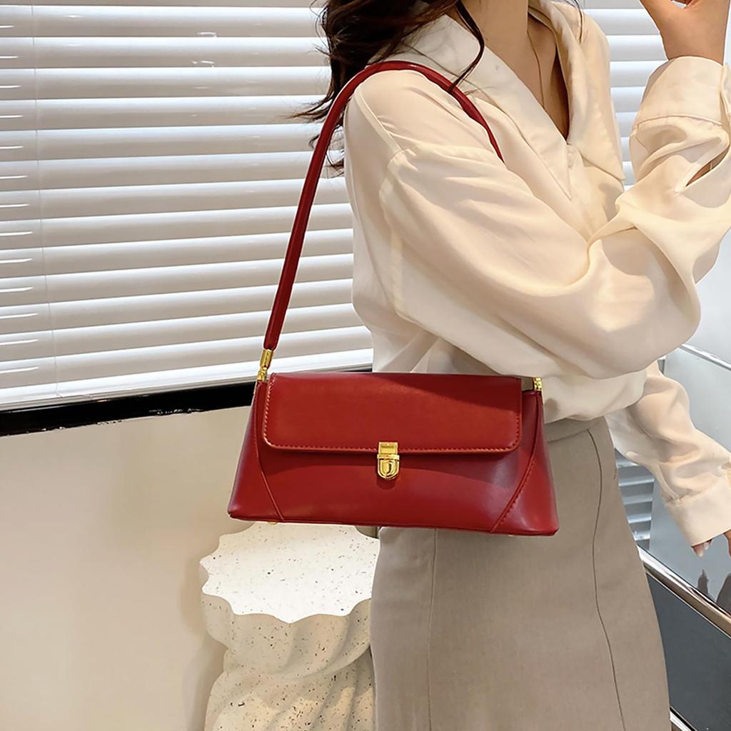 Farcauo Women's Small Pouch Vintage Shoulder Bag, PU Leather Tote Handbag, Red, Y2K Bag, Zippered Shoulder Pouch