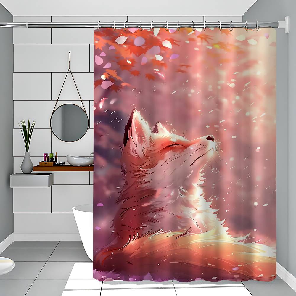 Fantasy Mystical Sakura Nine Tailed Fox 1PC Printed Shower Curtain Waterproof Washable With 12 Hooks Bathroom Shower Home Use