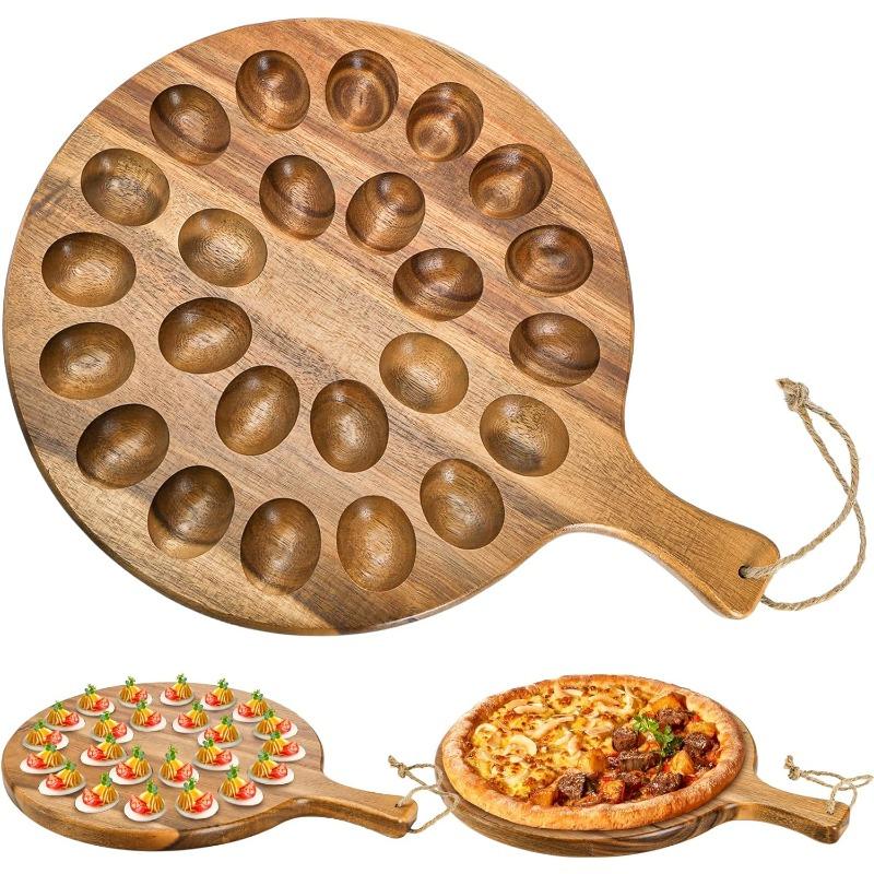 24 Holes Round Acacia Wood Deviled Egg Platter with Handle, Deviled Egg Tray Holder for Easter, Gathering, Thanksgiving & Parties коричневый