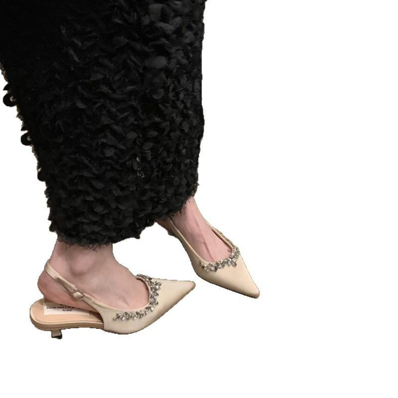 Tide brand new spring and summer nude pointed rhinestone high-heeled sandals women's rear air shallow mouth bag head single shoes niche