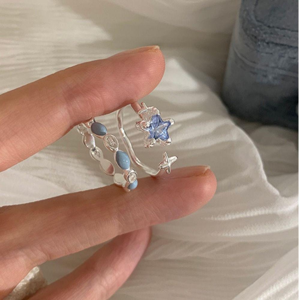 Süße und Coole Blaue Blumenringe Geometrische Feine Verstellbare Silberringe Party Geburtstagsgeschenk Damenschmuck Wassertropfen Offener Ring