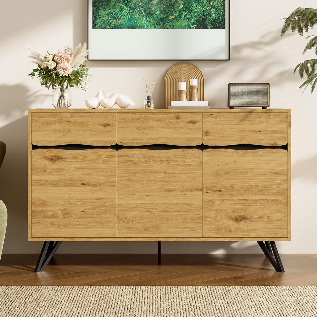 3-Door Sideboard in Wood Look with Metal Legs - Modern Design, Lots of Storage, Easy to Clean - Suitable for Living Room, Dining Room, Hallway