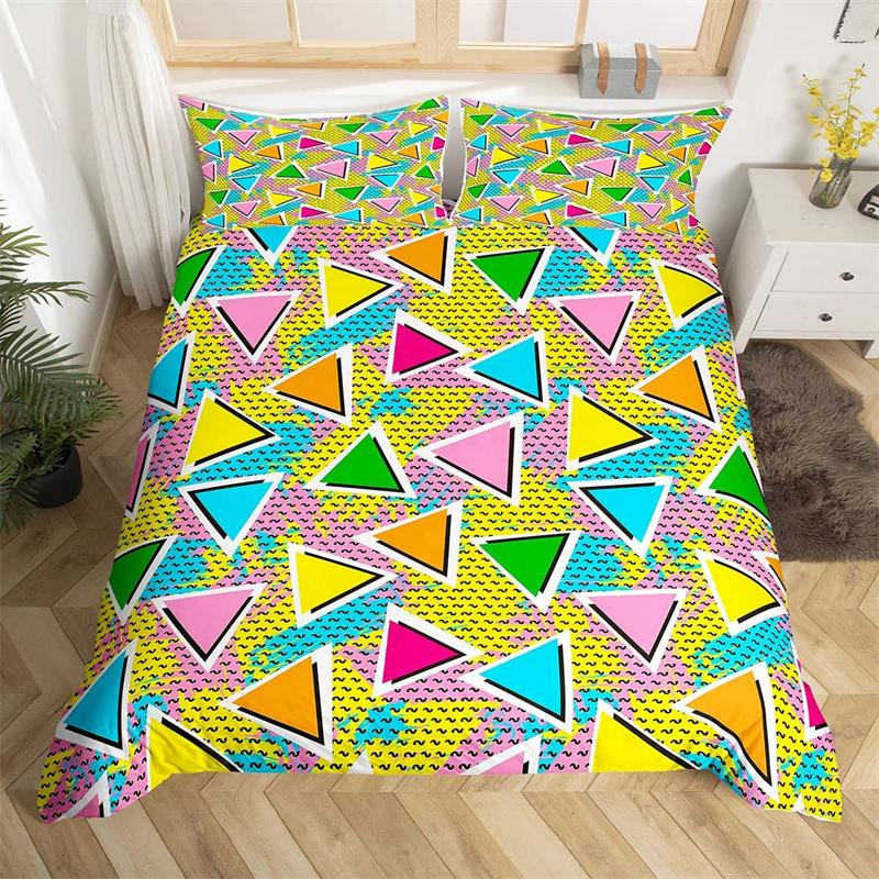 Psychedelic 3D Geometric Duvet Cover Microfiber Colorful Pop Abstract Art Comforter Cover Retro 80s Style Bedding Set Queen Size