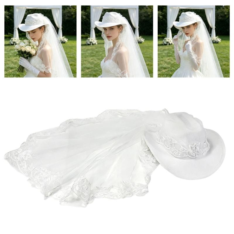 Elegant White Veil Cowboy Cap Wool Cosplay Hat for Western Theme Weddings and Outdoor Celebration Gathering Wear