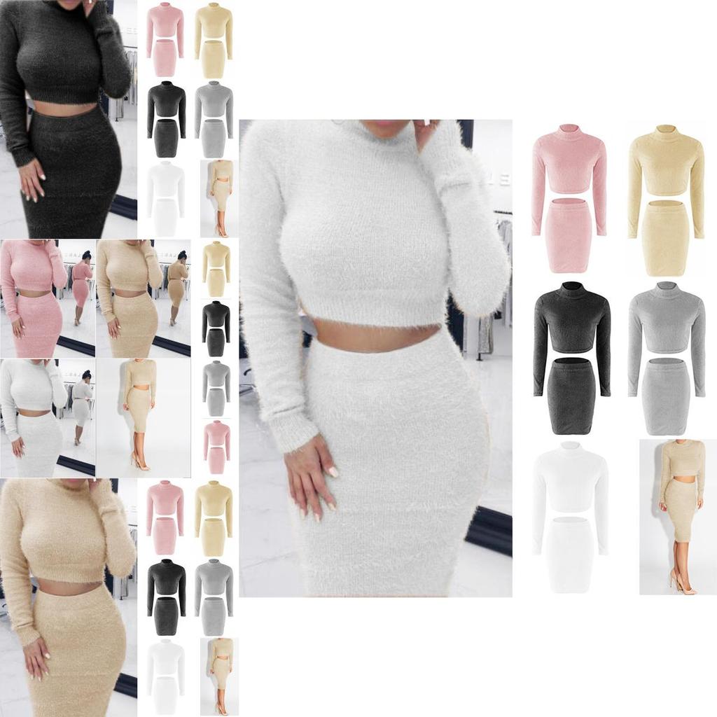 Stylish 2pcs/set Winter Sexy Womens Sweater Dress Bodycon Crop Top And Skirt Set