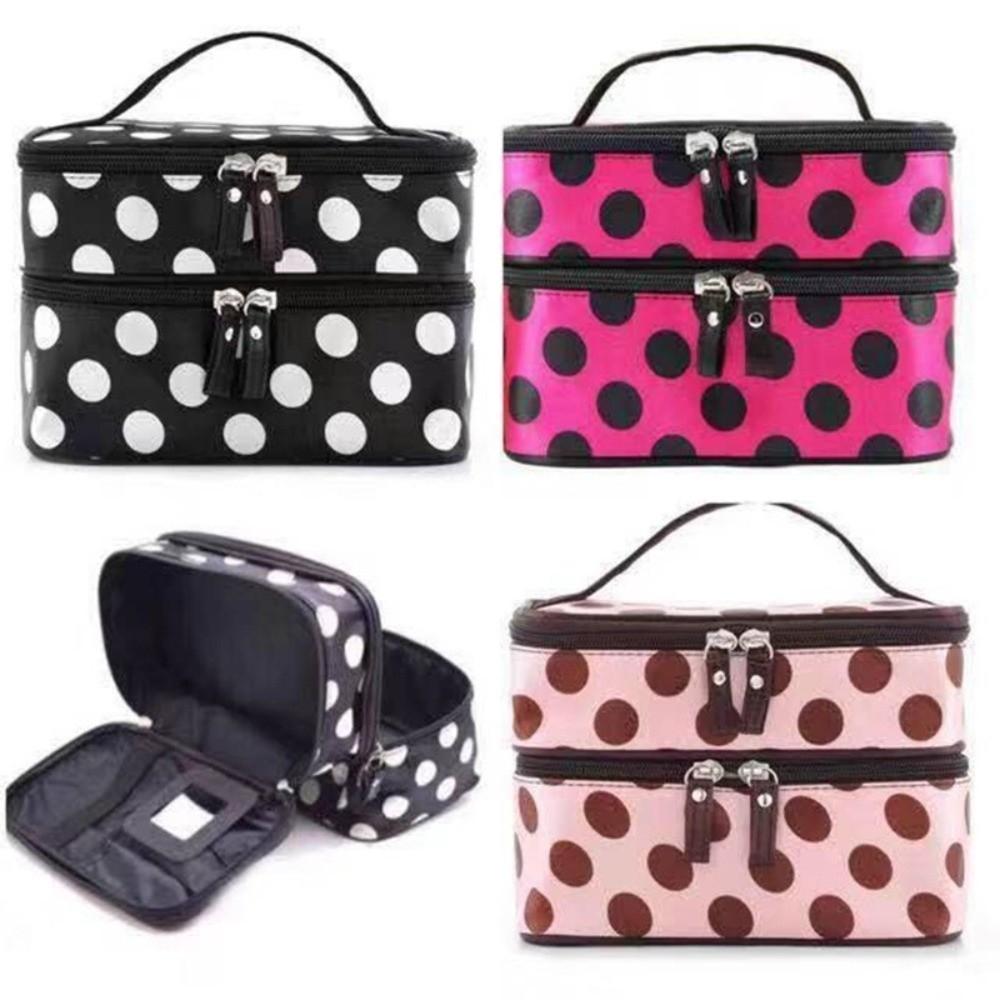 New Double-layer Makeup Bag Polka Dots Portable Travel Makeup Case Large Capacity Travel Toiletries Organizer