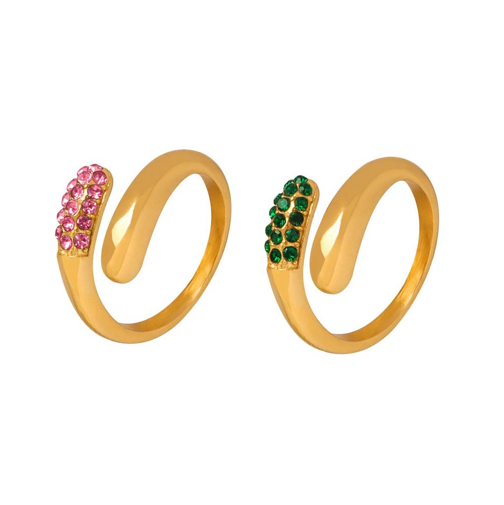 Simple Green & White Rhinestone Tri-Color Open Ring: 18K Gold-Plated Stainless Steel, European & American Style.