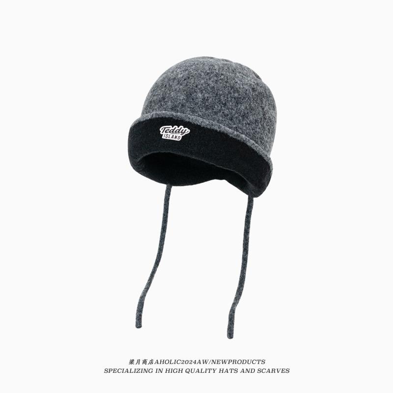 Autumn and winter hats, women's big head circumference wool knitted hats, thickened ear protectors, warm cold hats, small head hats