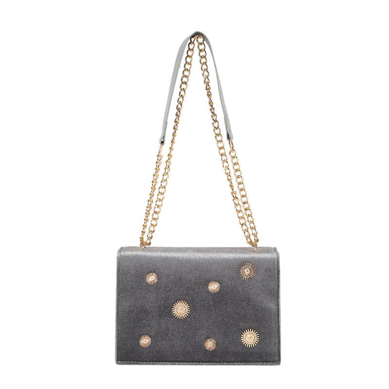 Women's Dark Green Velvet Crossbody Bag, Sunburst Stud Square Shoulder Bag with Gold Chain Strap