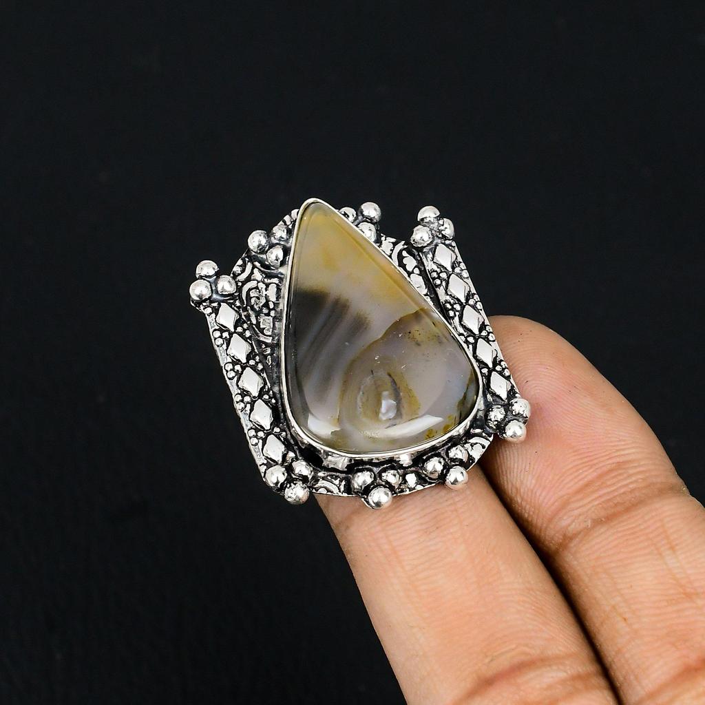 Natural Montana Agate Gemstone Solitaire Ring Size 6.5 925 Silver For Women