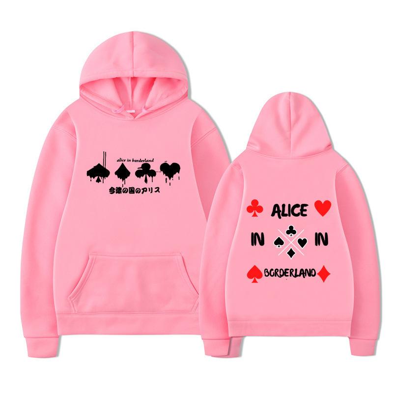 Alice in Borderland Hoodie – Unisex Black Double Sided Fleece Sweatshirt, Playing Card Suits & Japanese Kanji Drip Print, AIB Anime Streetwear