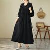 Johnature V-Neck Loose Solid Color Niche Splicing A-Line Dress Woman Spring Fashion Long Sleeves Chinese Style Dress