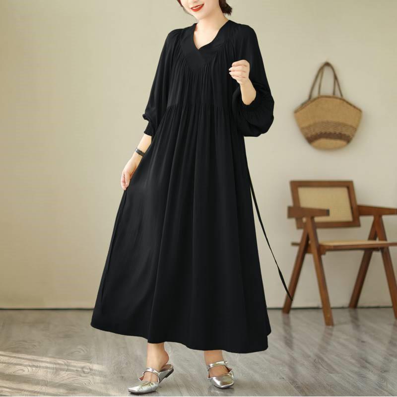 Johnature V-Neck Loose Solid Color Niche Splicing A-Line Dress Woman Spring Fashion Long Sleeves Chinese Style Dress
