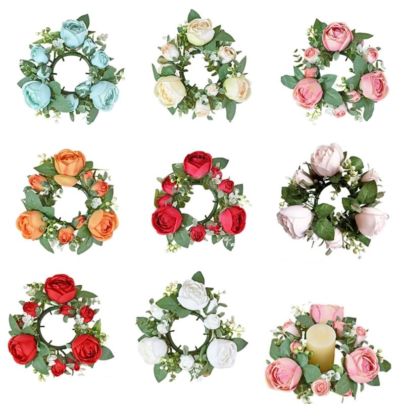 Artificial Rose Flower Candle Wreath Valentine's Day Candle Stand Rings for Pillars Wine Bottle Wedding Decoration