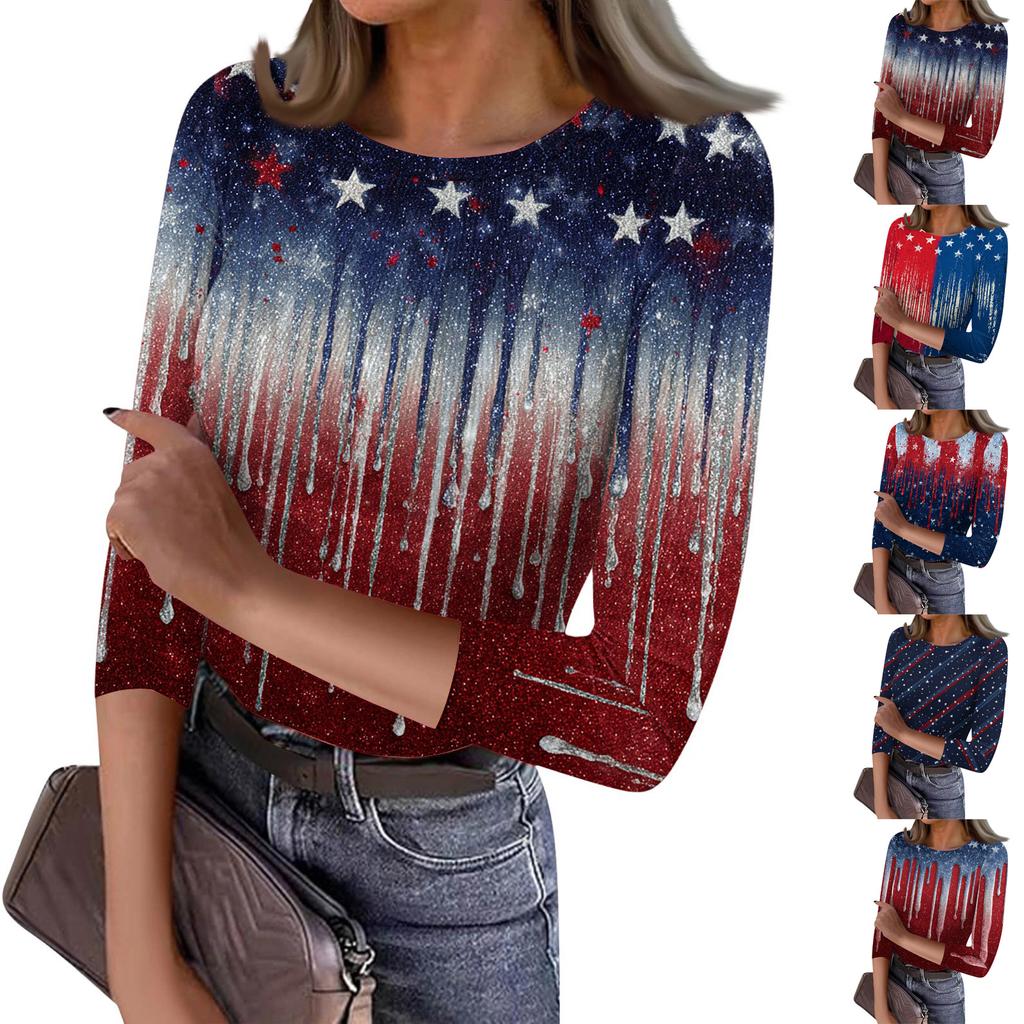 Women's Casual Fashion Round Neck Independence Day Print Three-Quarter Sleeve Ribbed Top