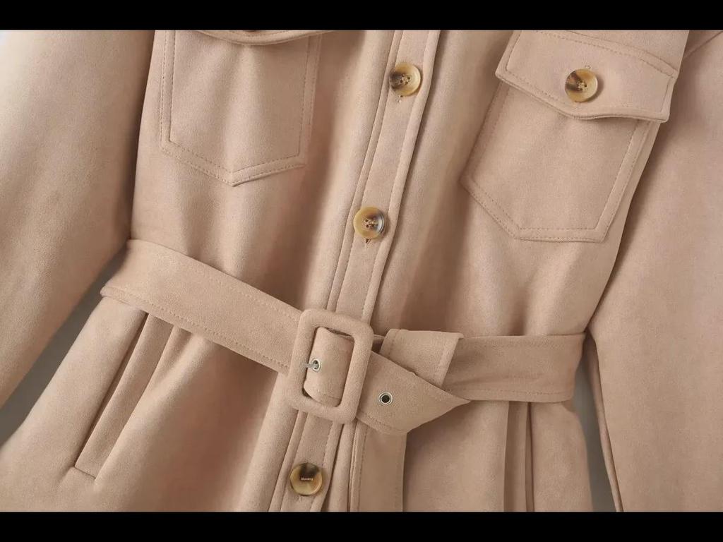Women's Suede Lapel Jacket & Elastic Waist Straight Pants Set