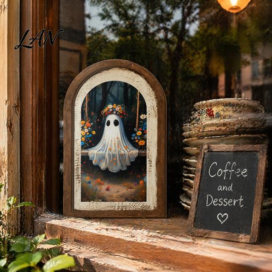 Halloween Entrance Cabinet Decor Ghost/Witch Arched Wall Decor, Cute Ghost Table Sign, Rustic Farmhouse Shelf Retro Room Decorative Hanging