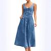 2026 Summer Women's Blue Denim Strappy Single-breasted Mid-length Dress
