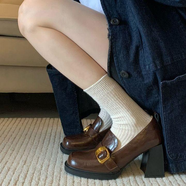 High-heeled small leather shoes thick-heeled Korean version shoes retro one-pedal loafu square head British style metal buckle jk
