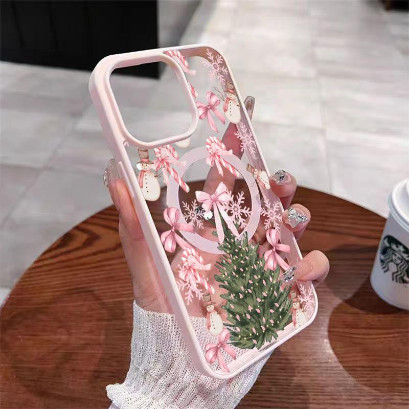 

A Pink Snowflake Bow Christmas Tree Pattern Magnetic Phone Case For iPhone 17 16 15 14 13 12 11 Pro Max 16 Plus 17 Air 16E Cover iPhone 15