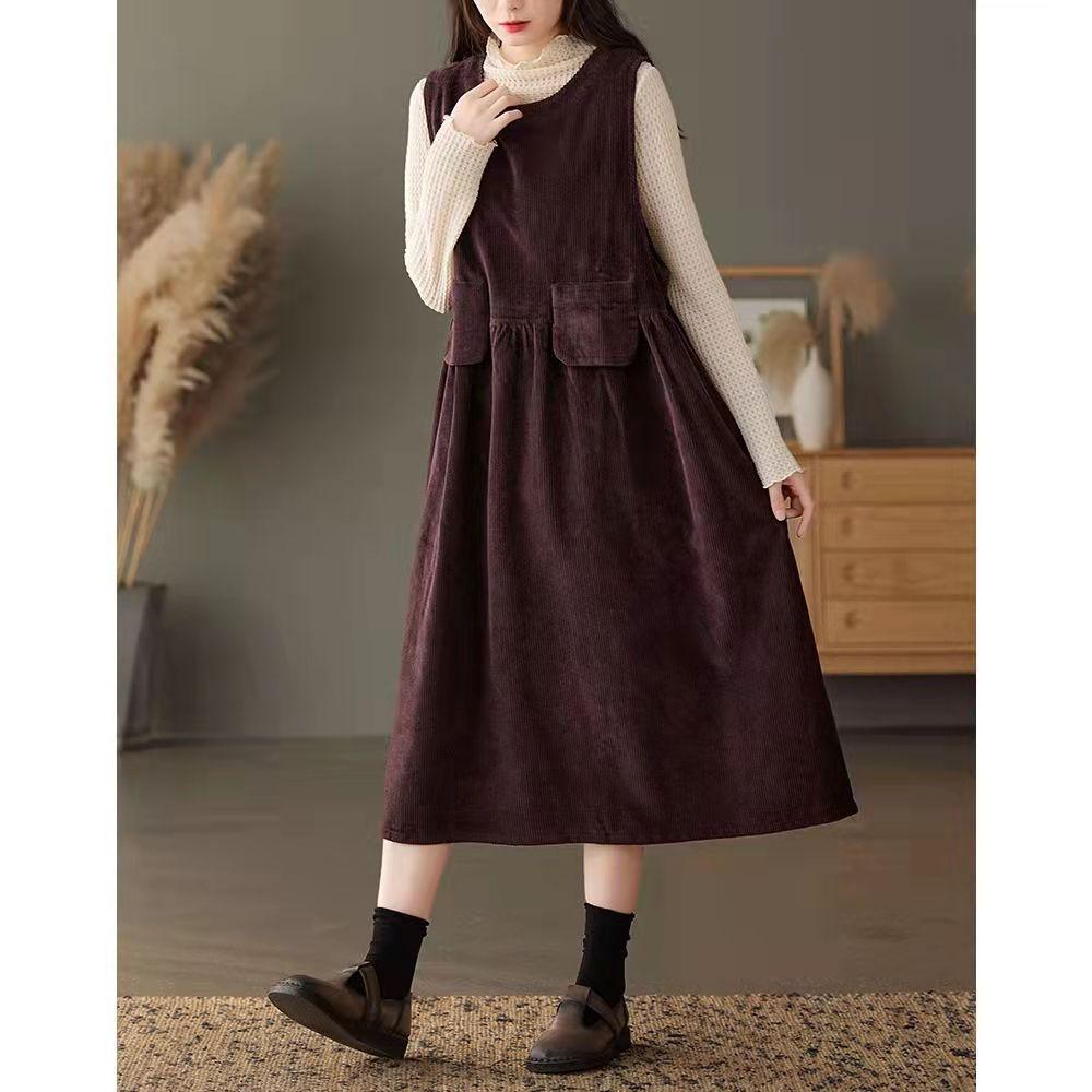 

Вельветовое платье на бретелях для женщин Осень Зима Новый стиль Ретро стиль Маленькое Свободное Средней длины Майка Юбка XXXL коричневый