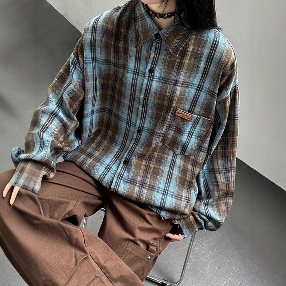 Women's Plaid Long Sleeve Shirt - Casual, Loose-Fit Top for Autumn and Spring