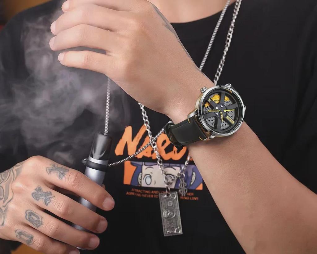 Męski Modny Zegarek Kwarcowy z Obrotową Tarczą i Paskiem Mesh, Modna Personalizowana Tarcza, Casualowy Wzór Hollow