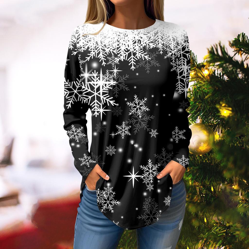 Γυναικείο T-shirt με 3D στάμπα χιονονιφάδας χριστουγεννιάτικου δέντρου, στρογγυλή λαιμόκοψη, μακρυμάνικο, casual μακρυμάνικο τοπ