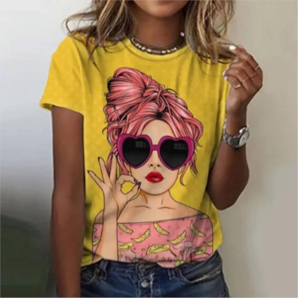 Новая летняя мода Крутая девушка Узор Цифровая печать Свободный Повседневный XS
