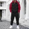 Mens Color Block Raglan Sleeve Hooded Zip Up Cargo Sweatshirt And Jogger Pants Two Piece Set