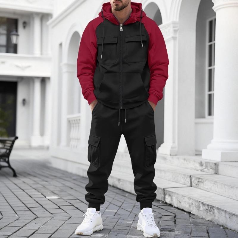 Mens Color Block Raglan Sleeve Hooded Zip Up Cargo Sweatshirt And Jogger Pants Two Piece Set
