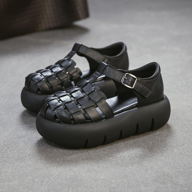 Johnature Genuine Leather Retro Handmade Woven Thick Soled Sandals Versatile Women's Platform Shoes