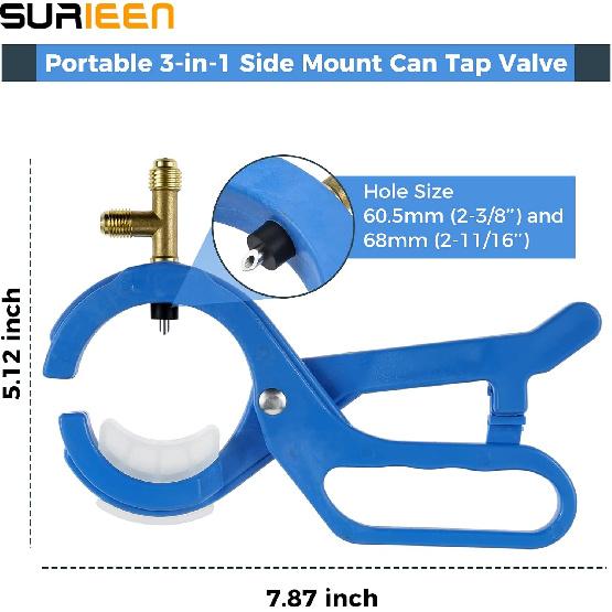 

R134A R12 Side Can Tap, 3-in-1 Side Mount Can Tap Valve, 1/4 SAE 1/2 Thread R134a Refrigerant Dispenser Kit for Car AC Refrigerant Manifold
