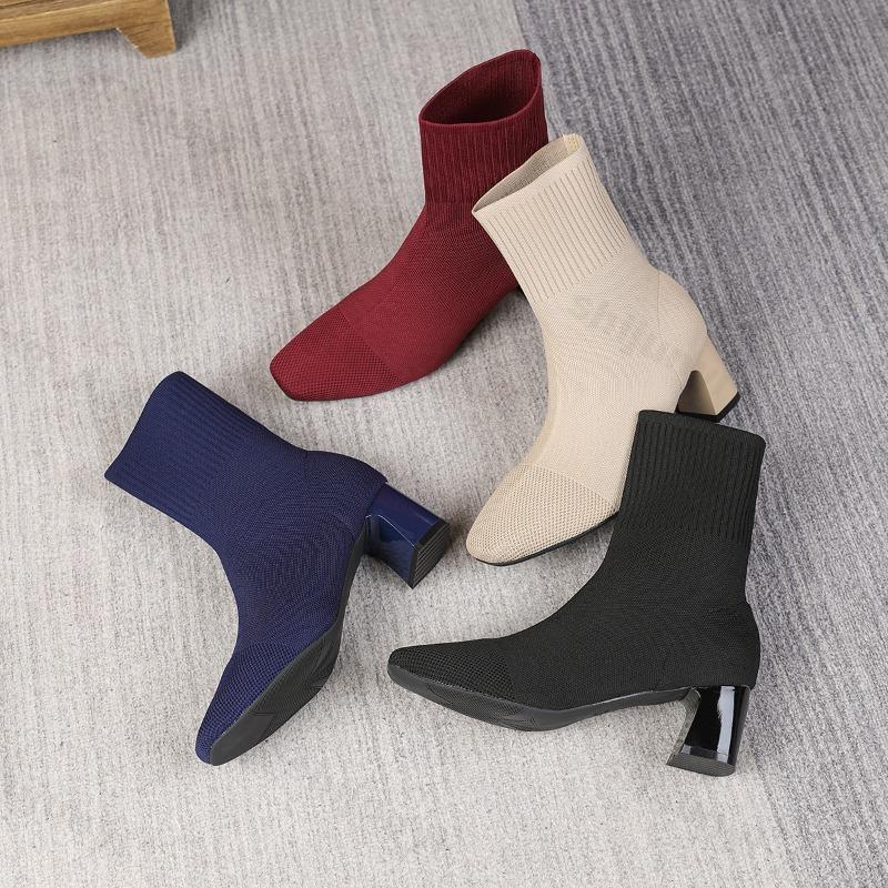 Women's Stretch Boots 2026 New Autumn Knitted High Heel Socks Boots Women Large Size Square Toe Fashion Boots Women Botas Mujer